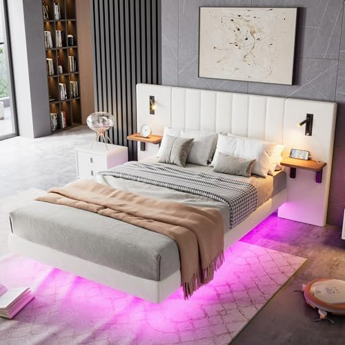 Upholstered Platform Beds, LED Functional Floating Bed with Bedside Tables, Directional Lamp and Charging Station, 4ft6 Double Bed Frame with Wide Headboard & Metal Slats, Velvet, White, No Mattress