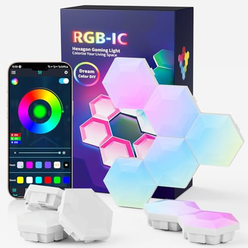 Hexagon LED Gaming Panel 10 PCS, LED Smart Wandleuchte mit RGB-IC, Musik-Synchronisation, App Steuerung, Wandbeleuchtung für Zimmer und Gaming Setup