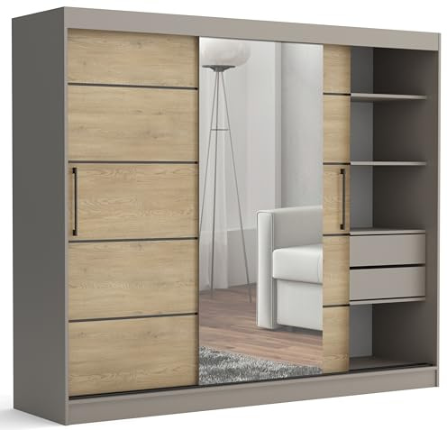 Brent - Kleiderschrank mit Spiegel und Schubladen 235cm Breit Chelsea Tomy, Schwebetürenschrank mit Spiegel, Schlafzimmerschrank, Kleiderschrank Stein/Cremona