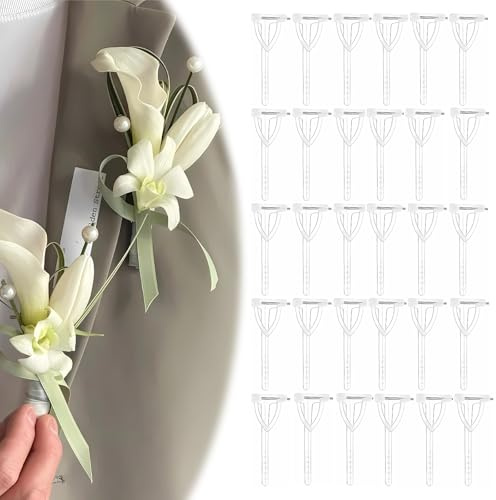UZYXC 30 Stück Ansteckblume Bräutigam, Anstecker Hochzeit Sicherheitsnadeln Weiß, Plastik Korsage Knopfloch für DIY Blumen Brosche