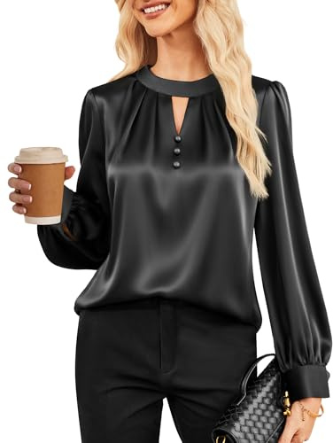 GRACE KARIN Damen Vintage 90er Langarm Satin Party Cocktail Bluse Elegant Rollkragen Plissierte Wickelbluse Schwarz XXL