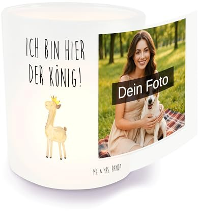 Mr. & Mrs. Panda Foto auf Glas Lama König - Geschenk, Laterne mit, Freundin, im, Alpaka, Mama, Fotolaterne, Papa, Chef, Kerzenglas, Lamas, Teelicht