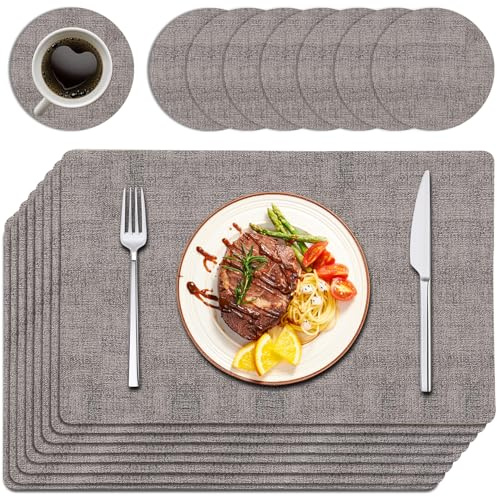 Purejoy placemats table mats set of 8 place mats for table 8 placemats set of 8 - PU Leather, 120°C Heat Resistant, Wipeable Non-Slip 43×30cm for Kitchen & Dining Table, Light Grey