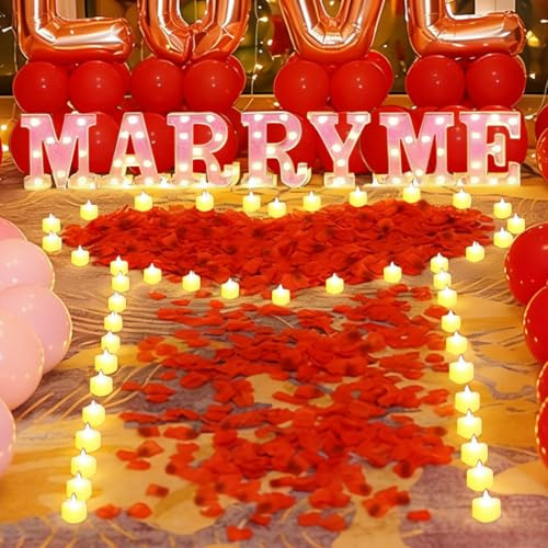 RANJIMA MARRY ME Leuchtbuchstaben als Dekoration für Heiratsanträge, 2000 künstliche Rosenblätter mit 24 Romantischen Flammenlosen Kerzen in Herzform für Hochzeitstag Braut Verlobung Valentinstag