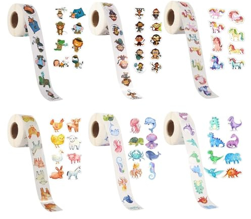 prota 3000 Stück Runde Tier Aufkleber, Belohnungsaufkleber Tiere Sticker Rolle, Reward Aufkleber Tiere Wasserdicht Selbstklebende Stickerrolle für Scrapbooking DIY Crafts