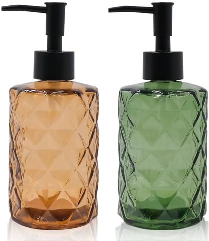 Set de 2 distributeurs de savon en verre pour salle de bain et cuisine, 330 ml de liquide lavante rechargeable, bouteille en verre transparente, distributeur en verre avec pompe noire pour liquide