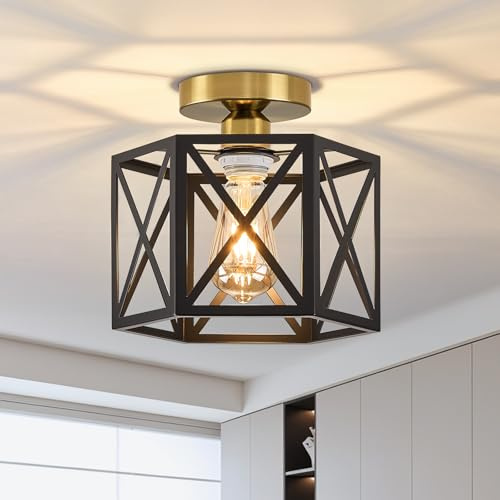 Deckenlampe Vintage Gold 1-flammig E27 Industrial Metall Deckenleuchte | Bauernhaus Modern Käfig-Lichtarmatur für Küche, Flur, Schlafzimmer, Wohnzimmer, Eingangsbereich, Waschküche