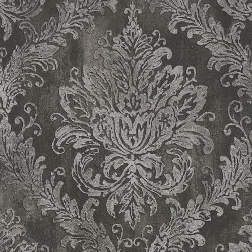 Profhome Barock Tapete 790496-GU heißgeprägte Vliestapete anthrazit schwarz-grau silber 0,53 m x 10,05 m = 5,33 m2