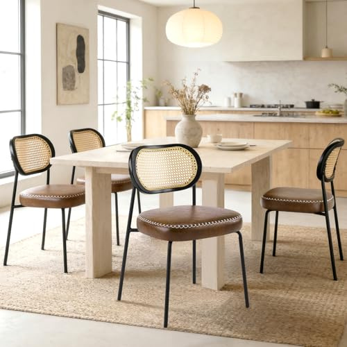 Hellove Sillas de Comedor Juego de 4 con Respaldo de Ratán Tejido, Sillas de Cocina Tapizadas con Patas de Metal, Estilo Mid Century Moderno, Silla Moderna para Cocina Comedor Sala de Estar, Marrón