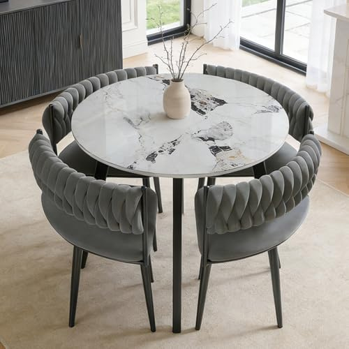 Essgruppe Set Tisch und Stühle, Runder Esstisch mit 4 Stühlen, Küchetisch aus Sinterstein Tischplatte mit Gepolsterten Stühlen, Tisch und 4 Stühle für Küche, Wohnzimmer, Restaurant (Weiß, Stoffgrau)