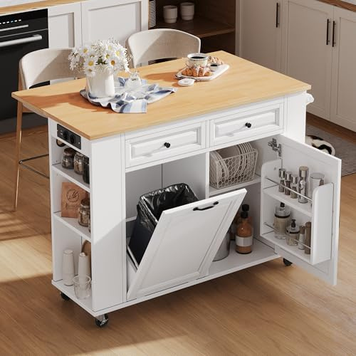 luckdect îLot De Cuisine sur roulettes avec Rangements, îLot De Cuisine avec Poubelle Et Porte-Serviettes, îLot De Cuisine Mobile éQuipé d'une Prise éLectrique pour La Salle à Manger Et La Cuisine