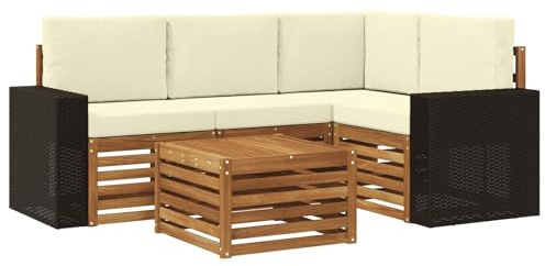 vidaXL Outdoor-Sofagarnitur 5 pcs Natur und Creme 59 x 59 x 37 cm, Moderner Garten-Sofaset, Coole Terrassenmöbel, zeitgemäße Lounge, modulares Design, Akazien-Elemente