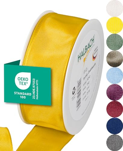 Halbach Seidenbänder Premium Geschenkband mit Drahtkante | Breite 40mm Länge 25m | Öko-Tex 100 zertifiziertes Schleifenband | Taftband Made in Germany, Farbe: gelb
