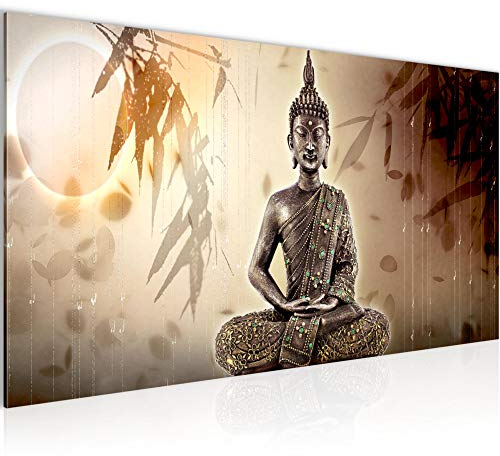 Runa Art Wandbild Buddha 1 Teilig 100 x 40 cm Modern Bild auf Vlies Leinwand Spa Wohnzimmer Schlafzimmer Beige Braun 500312a