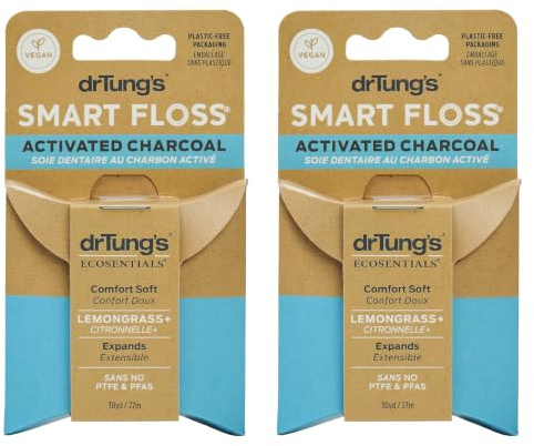 DrTung's Vegan Activated Charcoal Floss - Natural Dental Floss, PTFE & PFAS Free, Gentle on Gums, Expands & Stretches, BPA Free - Lemongrass Flavor (Pack of 2)