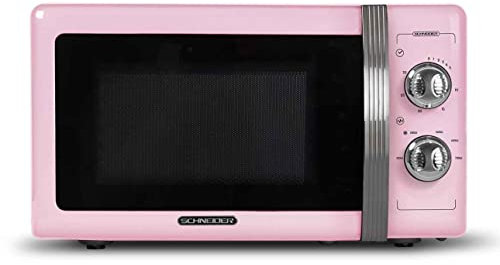 SCHNEIDER SMW20VMP, Micro ondes Vintage, Monofonction, 700 watts, 20 litres, Contrôle mécanique, Fonction décongélation, Plateau tournant (24.5cm), Rose