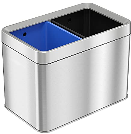iTouchless Mülleimer mit offenem Deckel, 20 Liter, mit zwei Fächern, inkl. Aufkleber, 20 Liter, Edelstahl, abnehmbare Eimer, für Küche, Büro, Schlafzimmer