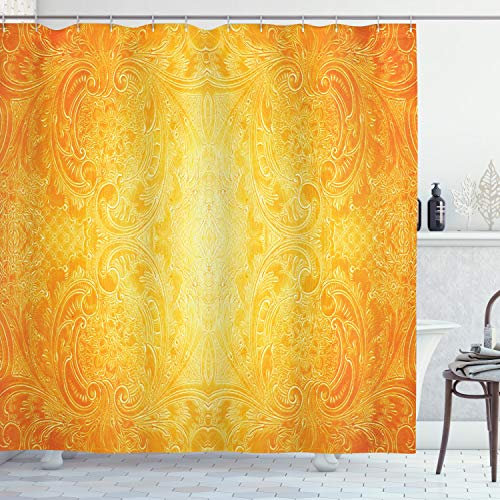 ABAKUHAUS Orange Duschvorhang, Antike Blumenverzierung, Stoffliches Gewebe Badezimmerdekorationsset mit Haken, 175 x 220 cm, Ringelblume