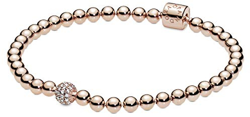 PANDORA Signatur Kugel & Pavé Armband aus 14 Karat rosévergoldeter Metalllegierung mit einer großen Kugel in Pavé-Fassung und Zylinderverschluss, Größe: 19cm