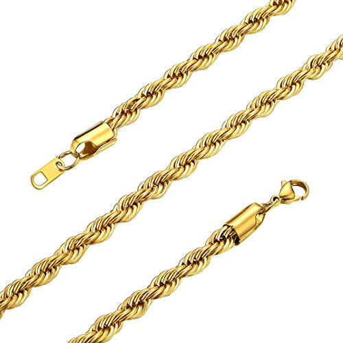 GoldChic 6mm Twist Rope Chains Gold for Men, 316L Stainless Steel Chain Links Necklace for Rapper
