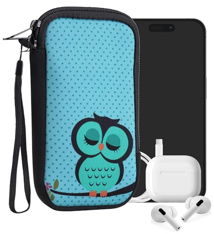 kwmobile Handytasche für Smartphones L - 6,5 - Neopren Handy Tasche Hülle Cover Case Schutzhülle - Eule Schlaf Türkis Braun Mintgrün - 16,5 x 8,9 cm Innenmaße