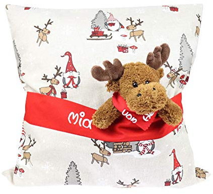 Weihnachten Kissen 40x40cm mit Namen & Geheimfach Elch- Dekoration Advent - Personalisiert Kissenbezug mit Wunschbeschriftung