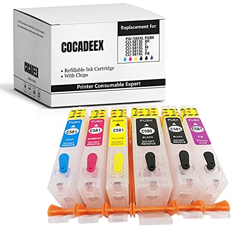 COCADEEX 580XXL Leere nachfüllbare Tintenpatrone Ersatz für PGI-580XXL CLI-581XXL, für PIXMA TS8100 TS8120 TS8200 TS8220 TS8300 TS8320 TS9100 TS9120 Drucker