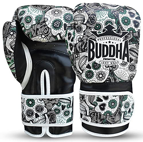 BUDDHA FIGHT WEAR - Guantes de Boxeo Fantasy Mexican Negros - Muay Thai - Kick Boxing - Piel Sintética Tejido Interior Resistente A Olores - Costura Reforzada (Negro, 12 Onz)