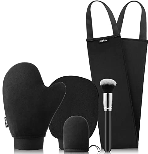 Celecily Bräunungshandschuh Applikator - Selbstbräunungshandschuh Set mit Bräunungshandschuh, Selbstbräuner-Rückenapplikator, Gesichtsbräunungshandschuh, Peeling-Handschuh, Bräunungsbürste