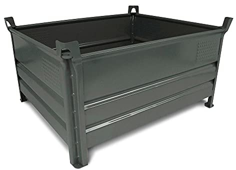 Stapelbare Kiste aus lackiertem Stahl, 1200 mm x 600 mm x 1000 mm, grau, 2000 kg Traglast, Volumen 600 Liter, für Transport- und Lagergüter
