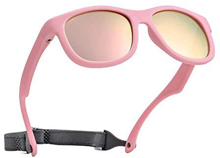 Pro Acme Unzerbrechliche Polarisierte Baby-Sonnenbrille Flexible Kleinkind-Sonnenbrüche mit Gurt Weichem Silikonrahmen für 0-24 Monate (Rosa Rahmen | Rosa Verspiegelt Linse)