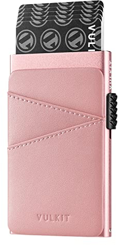 VULKIT Kartenetui Damen Metall Pop Up Kreditkartenetui Klein mit Leder Fächern RFID Blocker Kartenhülle Mini Geldbörse Damen für 5-9 Karten, Rosa