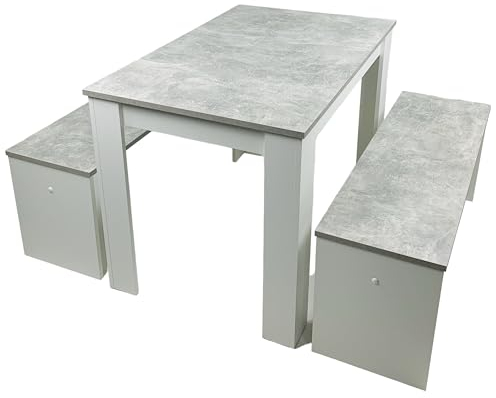 Esstisch Gruppe Beton Weiß 3teilig Tisch 110x70 +2 Bänke