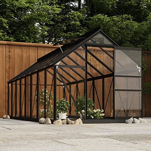 Gecheer Glas Gewächshaus mit Fundamentrahmen Treibhaus Gartenhaus Garten Tomatenhaus Frühbett UV-beständig und Wärmegedämmt Anthrazit 155x395,5x191 cm Aluminium