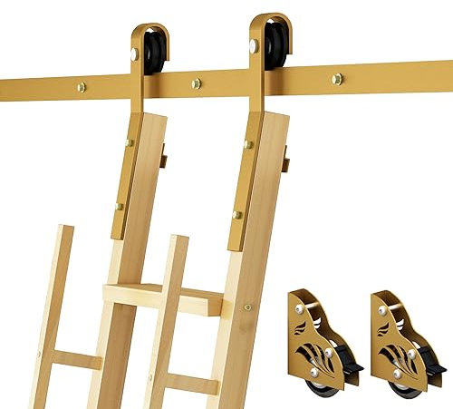 DIYHD 12FT Golden Steel Ladder Hardware Kit, Includes Top & Floor Rollers, Short Tracks, Wall Connectors, Anti-Pad & Hooks, Suitable for 1 5/8 Ladder Thickness, 5FT to 16FT Track