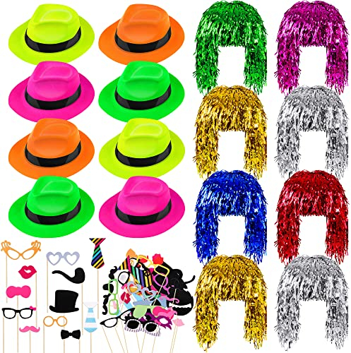 Aodaer 94-Piece Party Set - Funny Neon Gangster Hats, Metallic Foil Tinsel Wigs, Glasses, Photo Booth Props for Adults