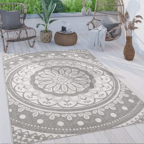 Paco Home Outdoor Teppich wetterfest & robust modernes Mandala & Boho Design pflegeleicht & flachgewebt für Balkon, Terrasse, Garten, Wohnzimmer & Küche Ethno Mandala, Grösse:240x340 cm, Farbe:Grau