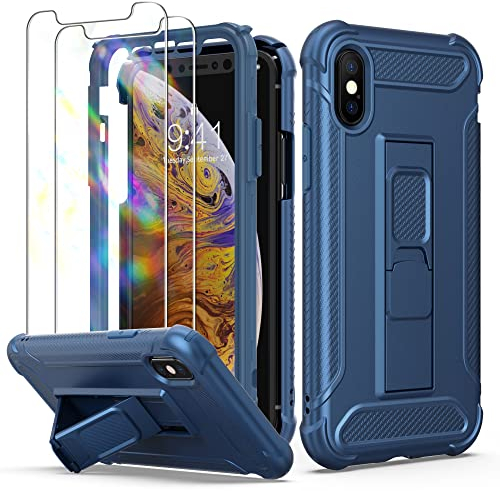 ORETECH Coque pour iPhone XS Max avec 2 Verres Trempés et Support Béquille, 2 en 1 Anti-Rayure Antichoc PC Rigide TPU Souple Etui 6,5'' Bleu