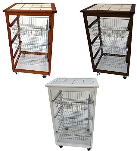 Carrello Cucina in Legno per Porta Frutta Verdura 3 cestini Acciaio e ripiano mattonelle con 4 Ruote per spostamenti casa-Noce Scuro