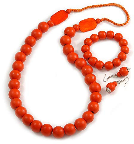 Avalaya Orange Long Wooden Bead Necklace, Flex Bracelet and Drop Earrings Set - 80cm Long