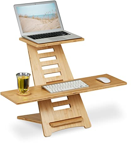 Relaxdays Pupitre Assis-Debout pour Bureau, Bambou, 2 Surfaces, Hauteur réglable, Assis-Debout, Laptop, écran, Nature