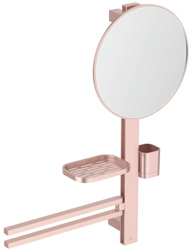 Ideal Standard - Alu+, Beauty Bar pour la Salle de Bain, Miroir Diamètre 30 cm, Tablettes de Rangement, Porte Serviettes, Rose brossé, BD588RO