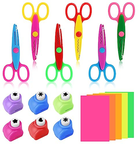 MXTIMWAN Kinder Bastelscheren Set, 6 Stück Kinder Zickzackschere, 6 Stück Papierstanzer, 5 Stück Papierschnitt, Bunte Kinderschere für Kinder Handwerk Design, Clipbook, DIY