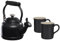 Le Creuset Enamel On Steel Demi Kettle with Metal Finishes & Stoneware Set of 2 Mugs, 1.25 qt. Kettle & (2) 14 oz. Mugs, Licorice