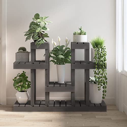 puraday Pflanzenständer Blumentopf Ständer Blumentreppe Outdoor Pflanzenregal Outdoor Pflanzenständer Holz Pflanzenständer Balkon Gartenregal Pflanzregale Outdoor Holz Kiefer Grau 104,5x25x77,5 cm
