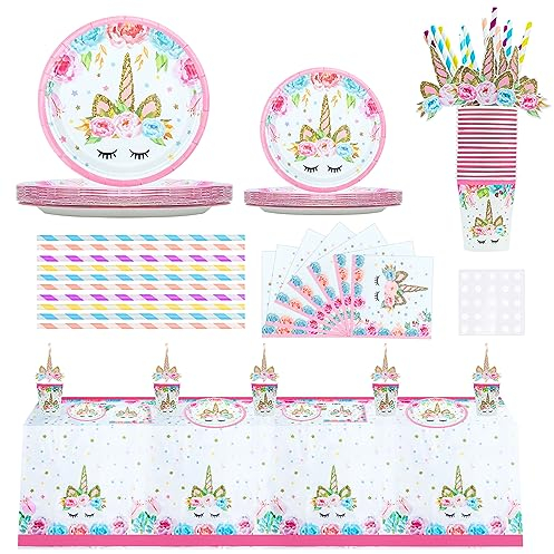 GOTFUN Unicorn Party Supplies - 97 Pcs Decorations Including Plates, Cups, Napkins, Cutlery & Table Cover for Unicorn Themed Girls' Birthday Party for 16 Guests