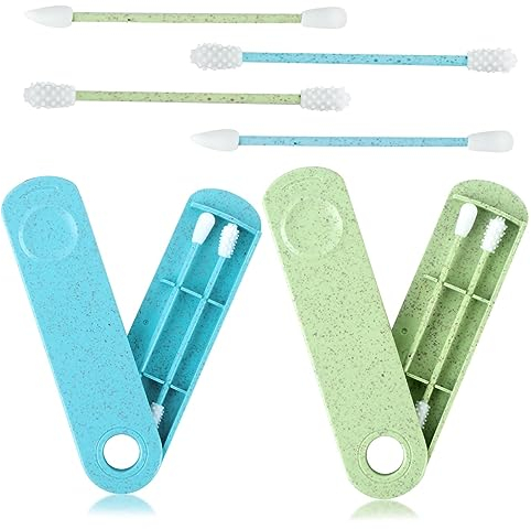 GWAWG 4 Stück Wattestäbchen Wiederverwendbar Ohrenstäbchen Doppelendige Spirale mit 2 Behälter Grün und Blau für Ohrreinigung Make-Up,etc