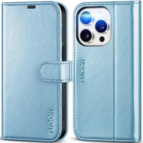 TUCCH PU Leather Case for iPhone 15 Pro (6.1) 2023, Magnetic Wallet Folio Foldable Cover with[Kickstand][Shockproof TPU][RFID Blocking] Card Holder Compatible with iPhone 15 Pro 5G, Shiny Light Blue