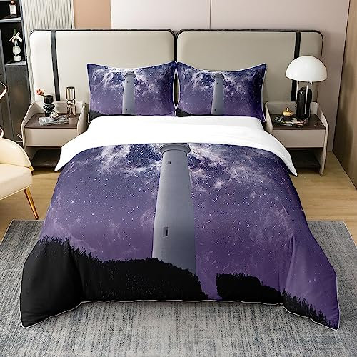 100% Baumwolle Leuchtturm Bettwäsche Set Nautische Bettbezug Lila Galaxie Sternenhimmel Outer Space Universe Bettbezug Trippy Atmungsaktiver Komfortbezug für Erwachsene,Heim Dekorative 155x220