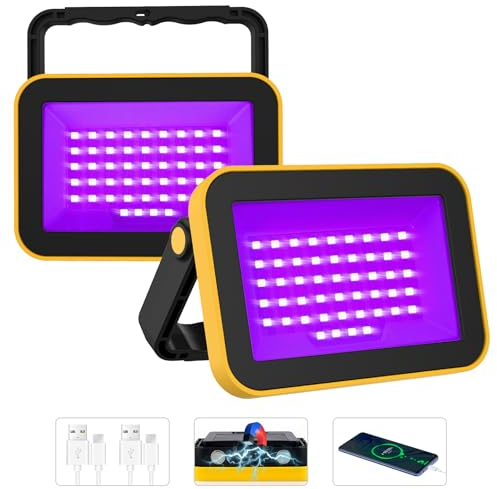 T-SUN 2 Pièces UV Lumière Noire, 5200mAh Projecteur LED UV, IP66 Etanche Rechargeable Lumière Noire Ultraviolet avec Support Rotatif 180°,Aimant,Trou pour trépied pour Glow Party, Halloween